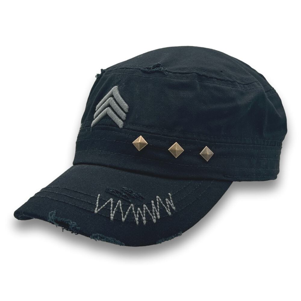 Black Army Cadet Hat Sergeant Rank Distressed Round Top BDU Baseball Castro Cap